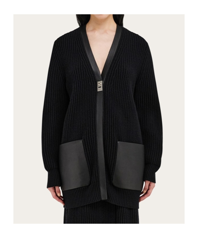 Ferragamo Leather-trimmed Cardigan In Black