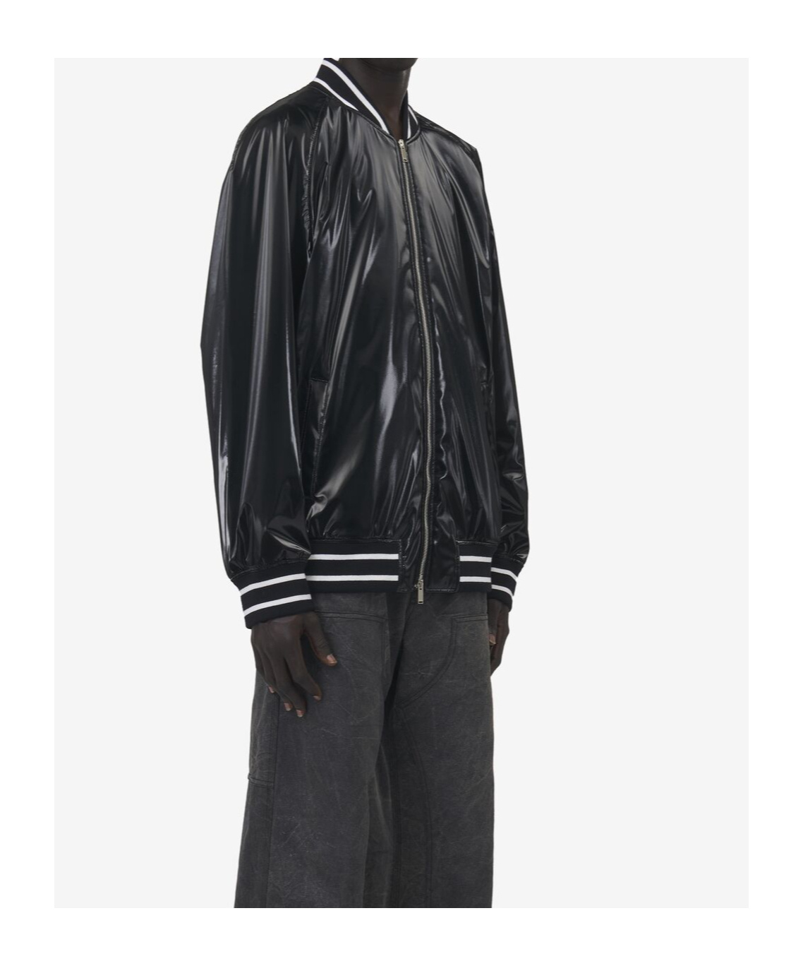 Alexander Mcqueen Solid Color Bomber Jacket With Shine Finish And Striped Edge In Black