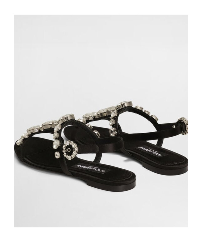 Dolce & Gabbana Black Sandals With Embroidered Stones Decorations In Satin Woman In Black