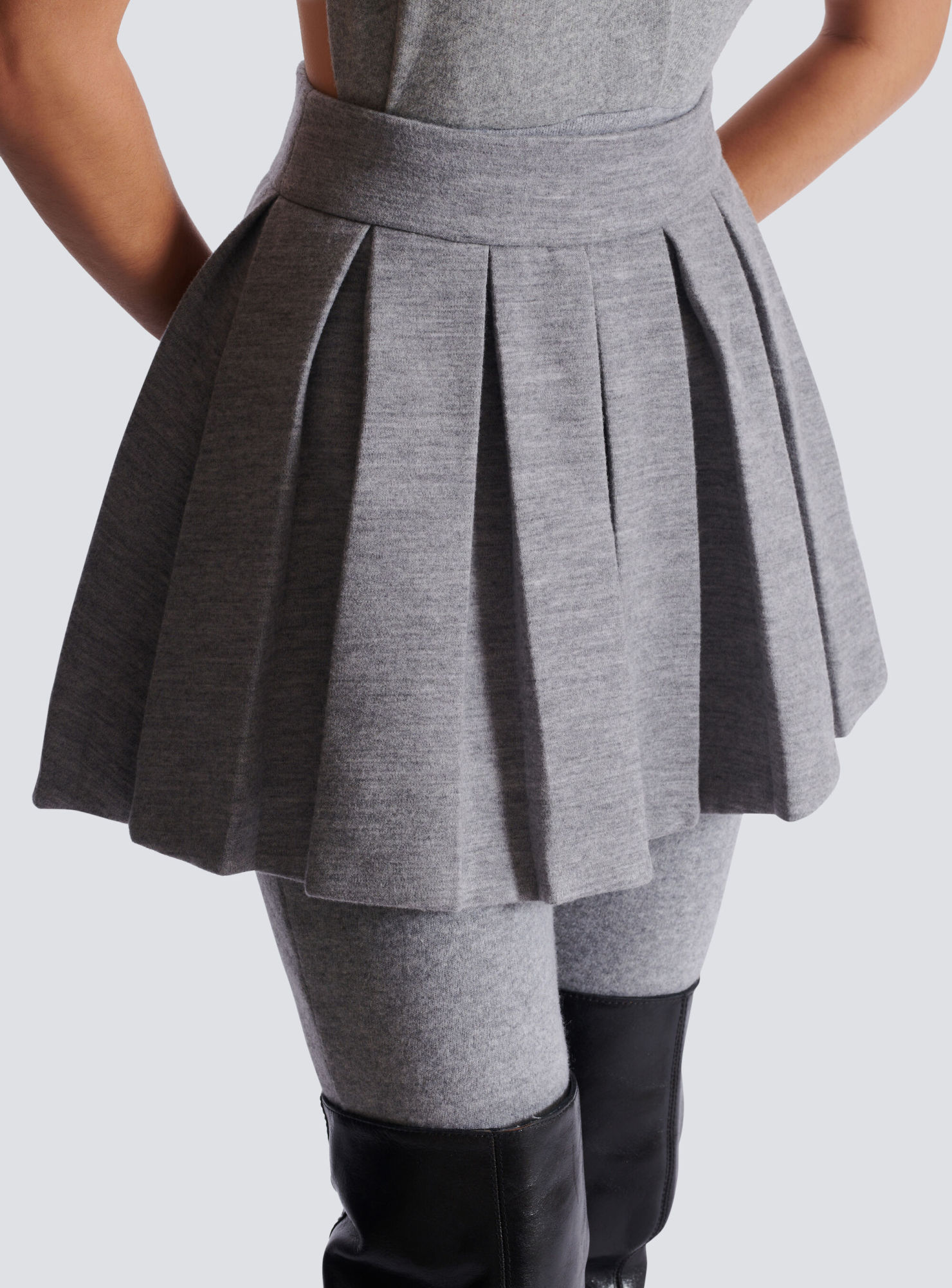 Balmain Short Pleated Cotton Knit Skirt In Gray