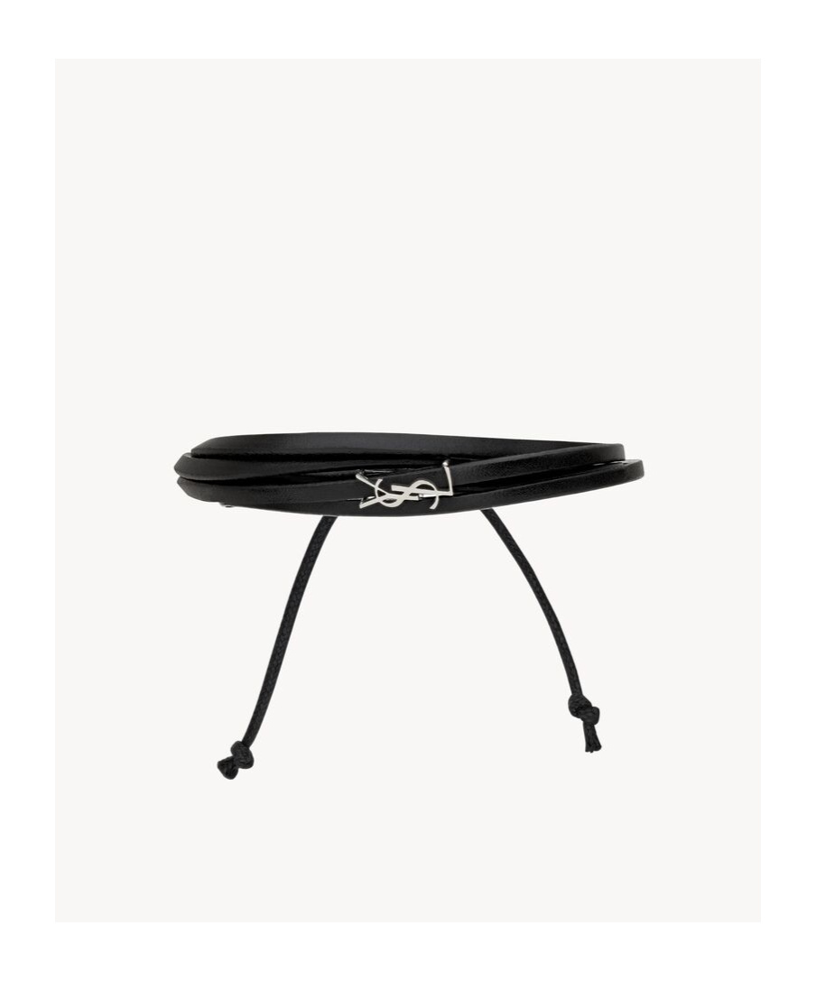 Saint Laurent Leather Cassandre Bracelet In Black