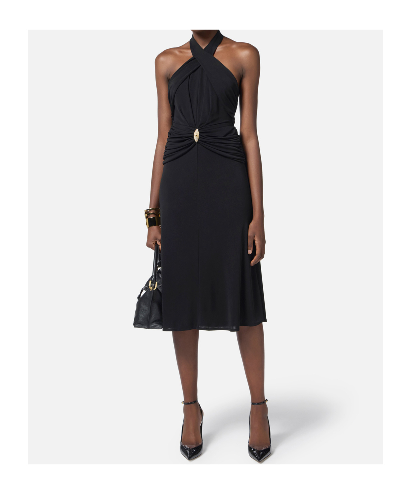 Shop Elisabetta Franchi Halterneck Ruched Dress In Black