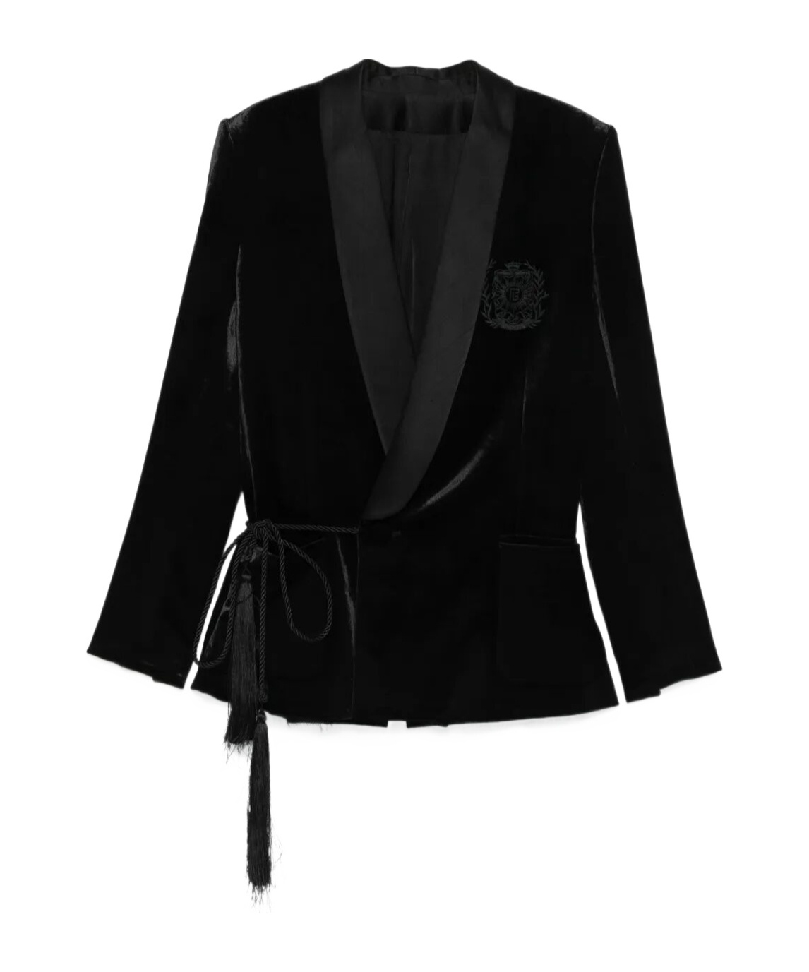 Balmain Velvet And Satin Belted Jacket With Tassel In Black