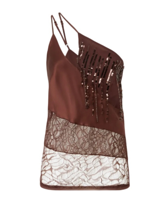 Pinko One-shoulder Satin Top With Lace And Sequins In Brown