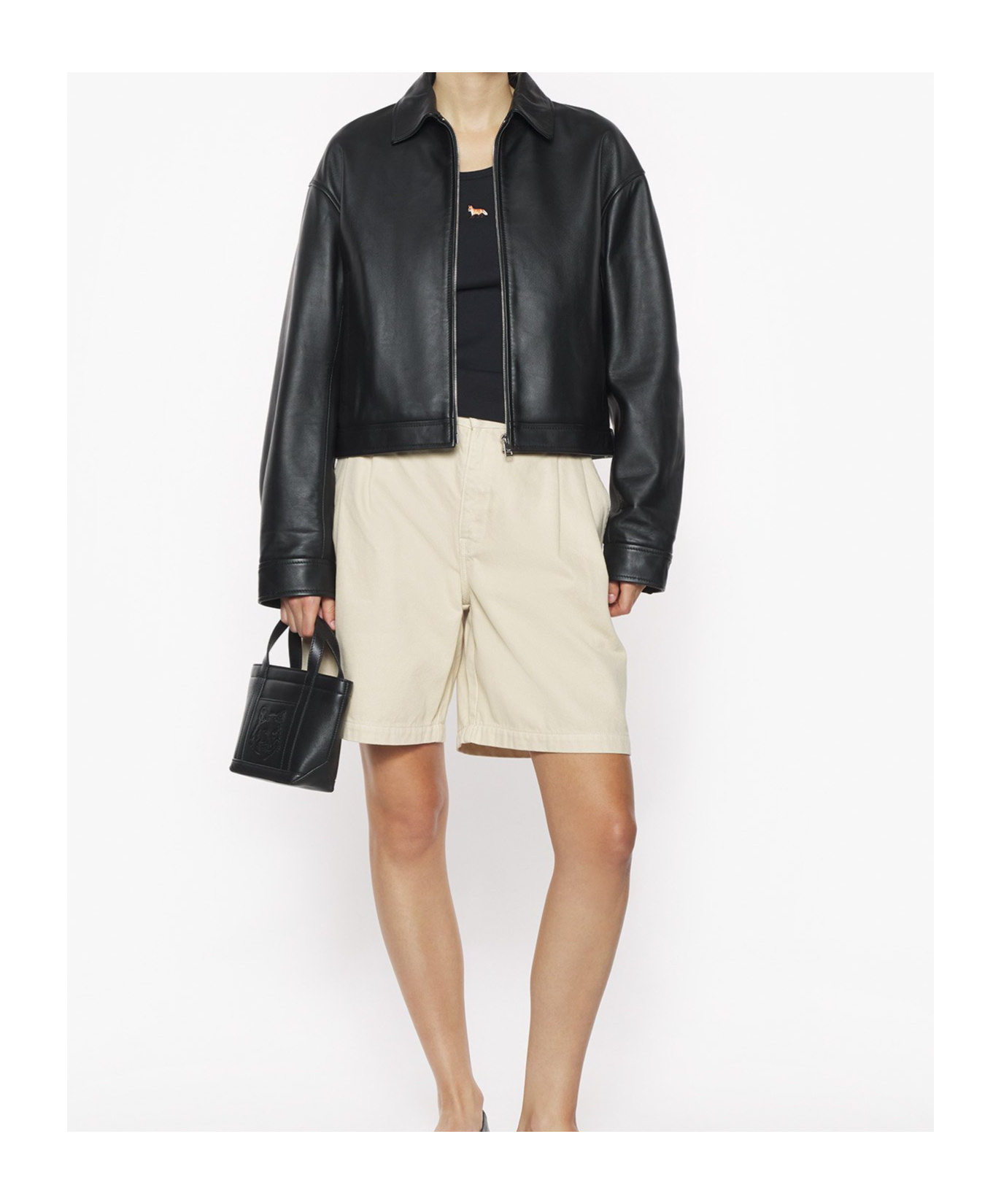 Shop Maison Kitsuné Cropped Leather Jacket In Black