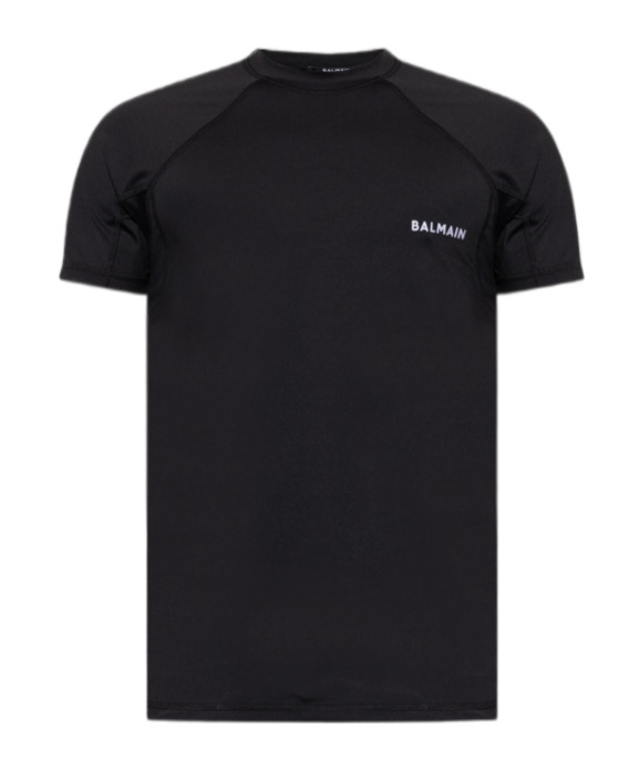 Balmain Round-collar Short-sleeve Swimsuit In Black