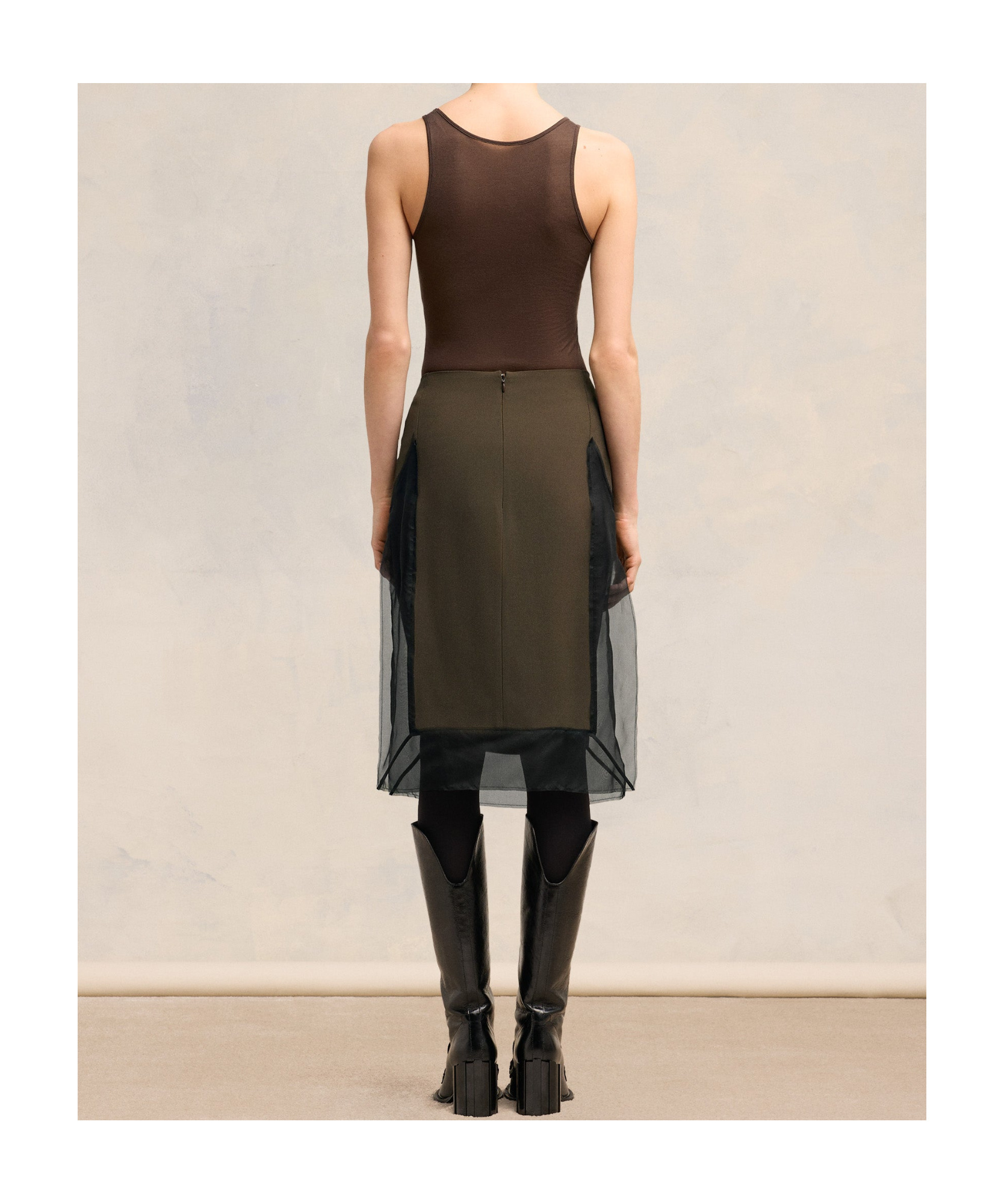 Ami Alexandre Mattiussi Tulle-panel Straight Skirt In Green