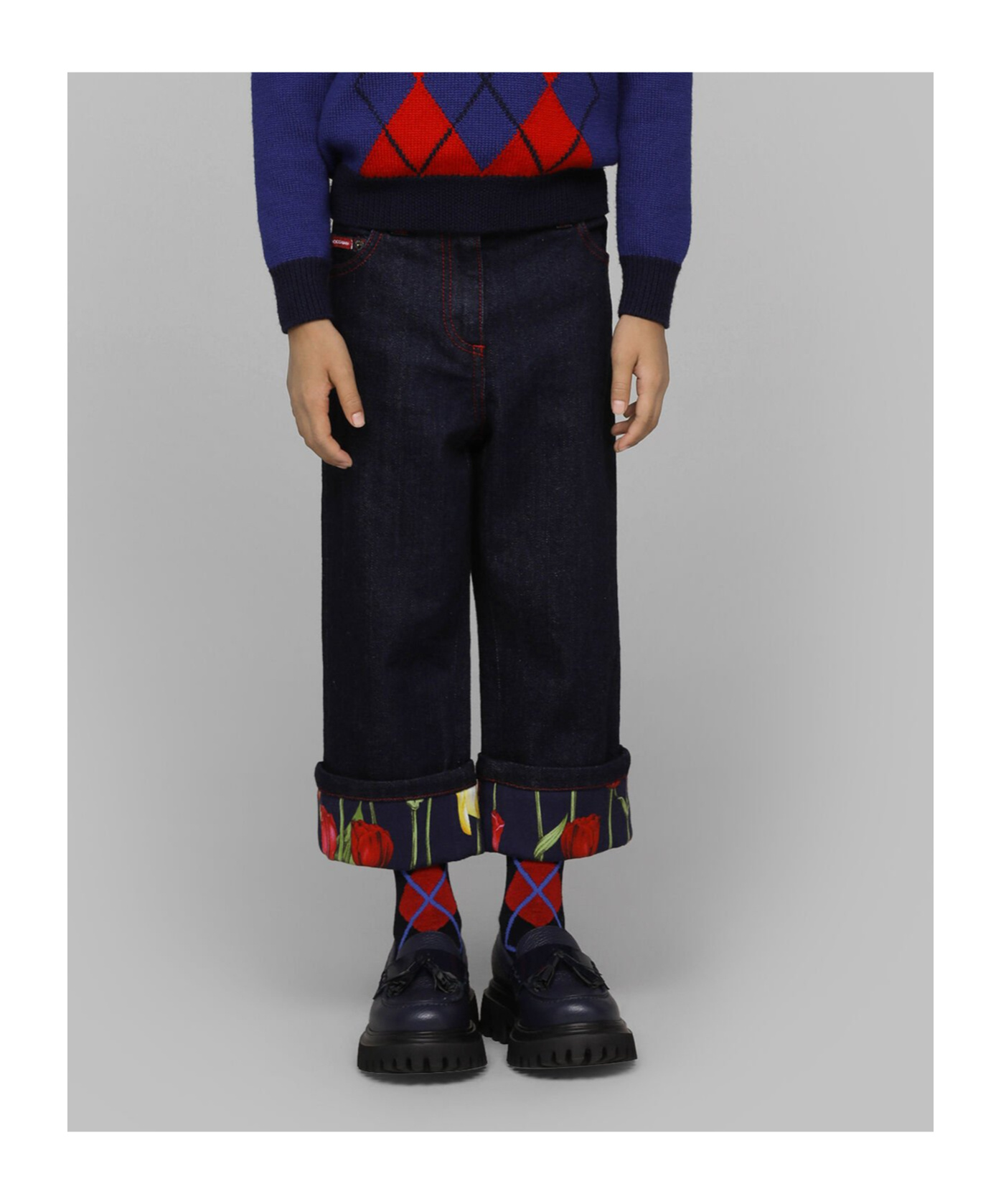 Dolce & Gabbana Floral Turn-up Jeans In Black
