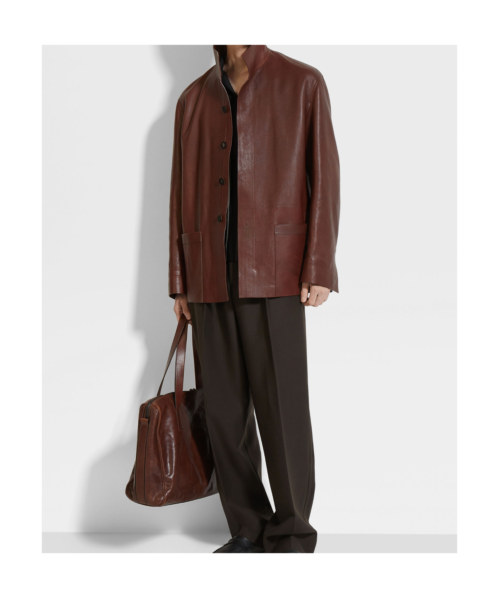 Shop Zegna Leather Jacket In Brown