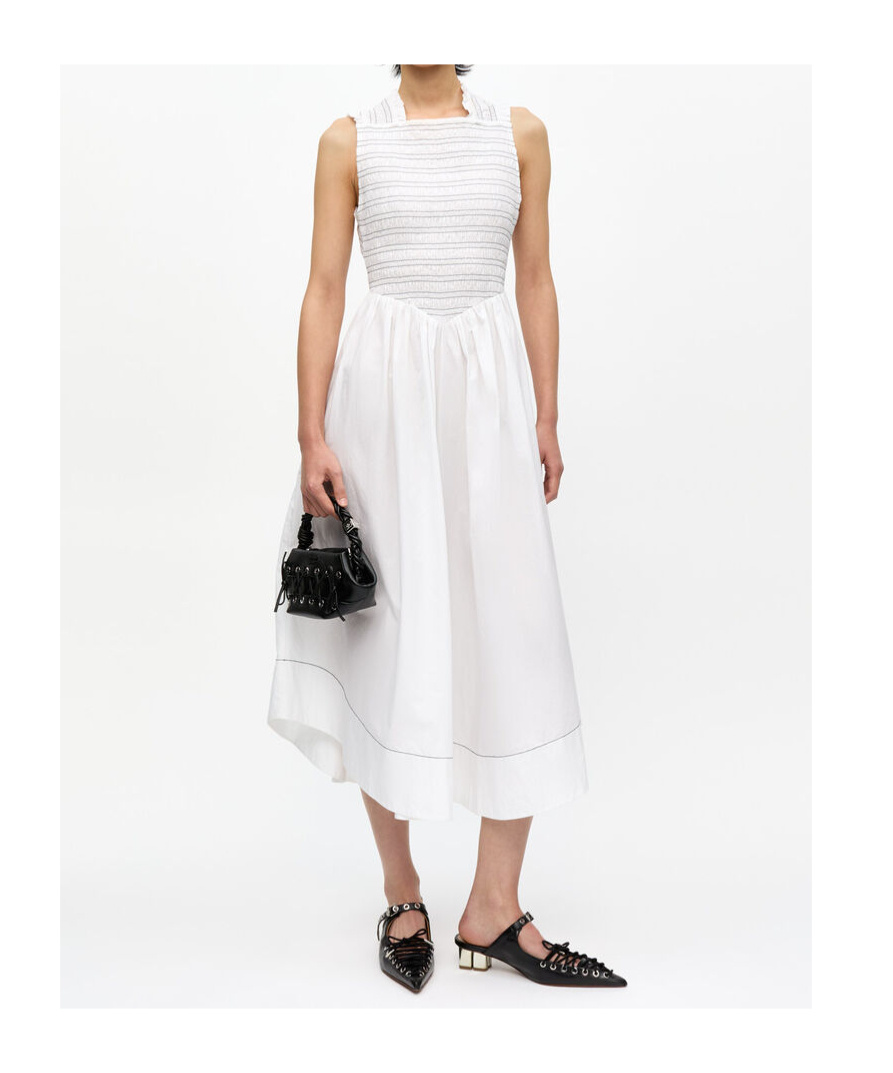 Ganni White Washed Stretch Cotton Smock Midi Dress