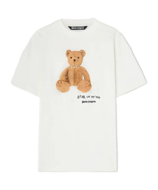 Palm Angels Bear In Mind White T-shirt With Bear Print And Logo Lettering On The Front In Cotton Man In White