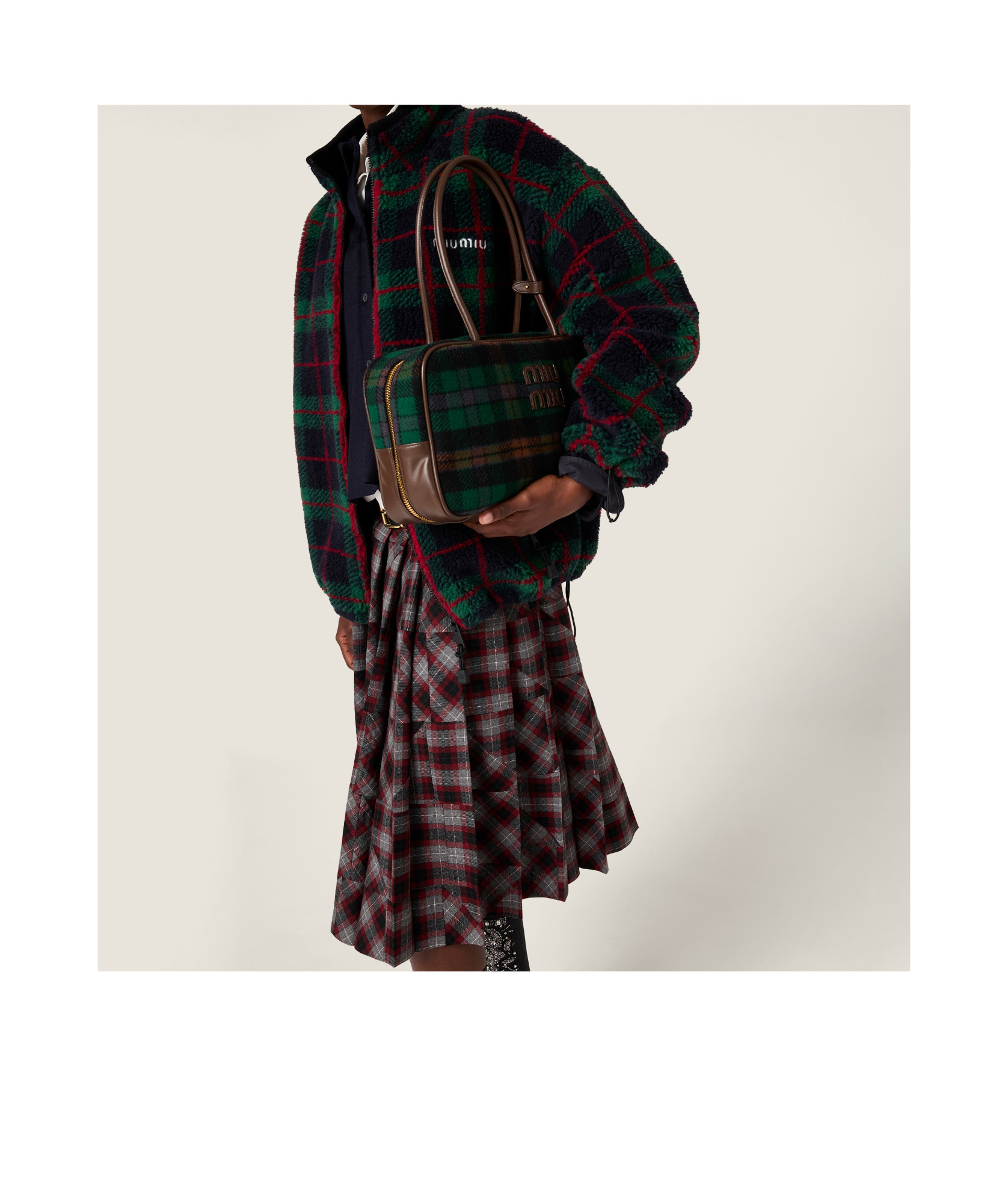 Miu Miu Checked Teddy Zipper Jacket In Multi