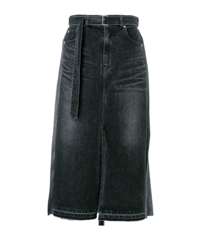 Sacai Black Denim Pleated Skirt With Adjustable Waist Belt In Black