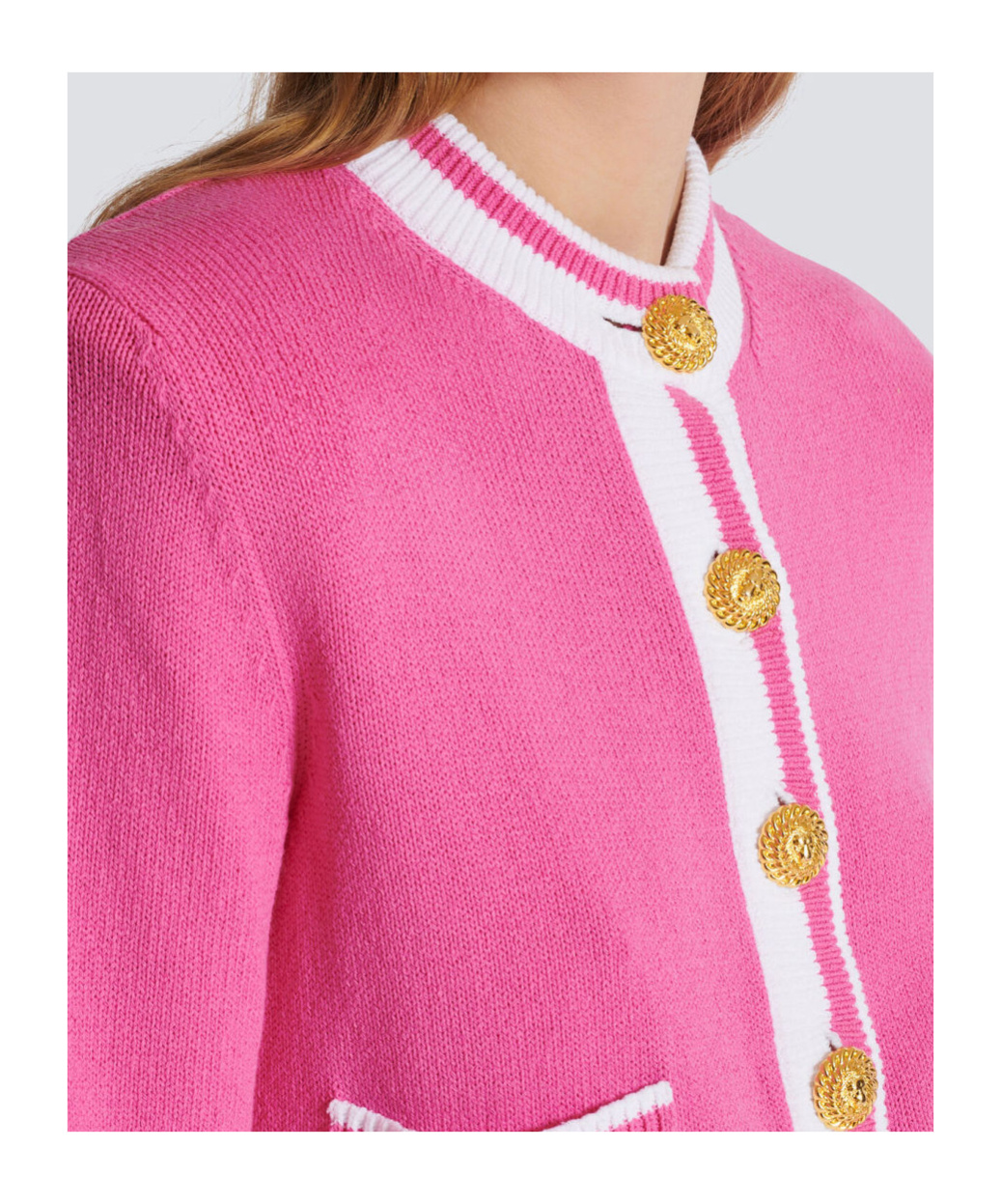 Balmain Strong-shoulder Signature Buttoned Knit Cardigan In Pink