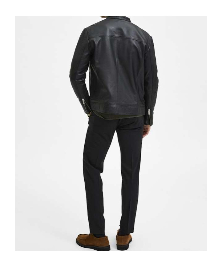 Selected Zippered Long-sleeved Leather Jacket In Animal Print