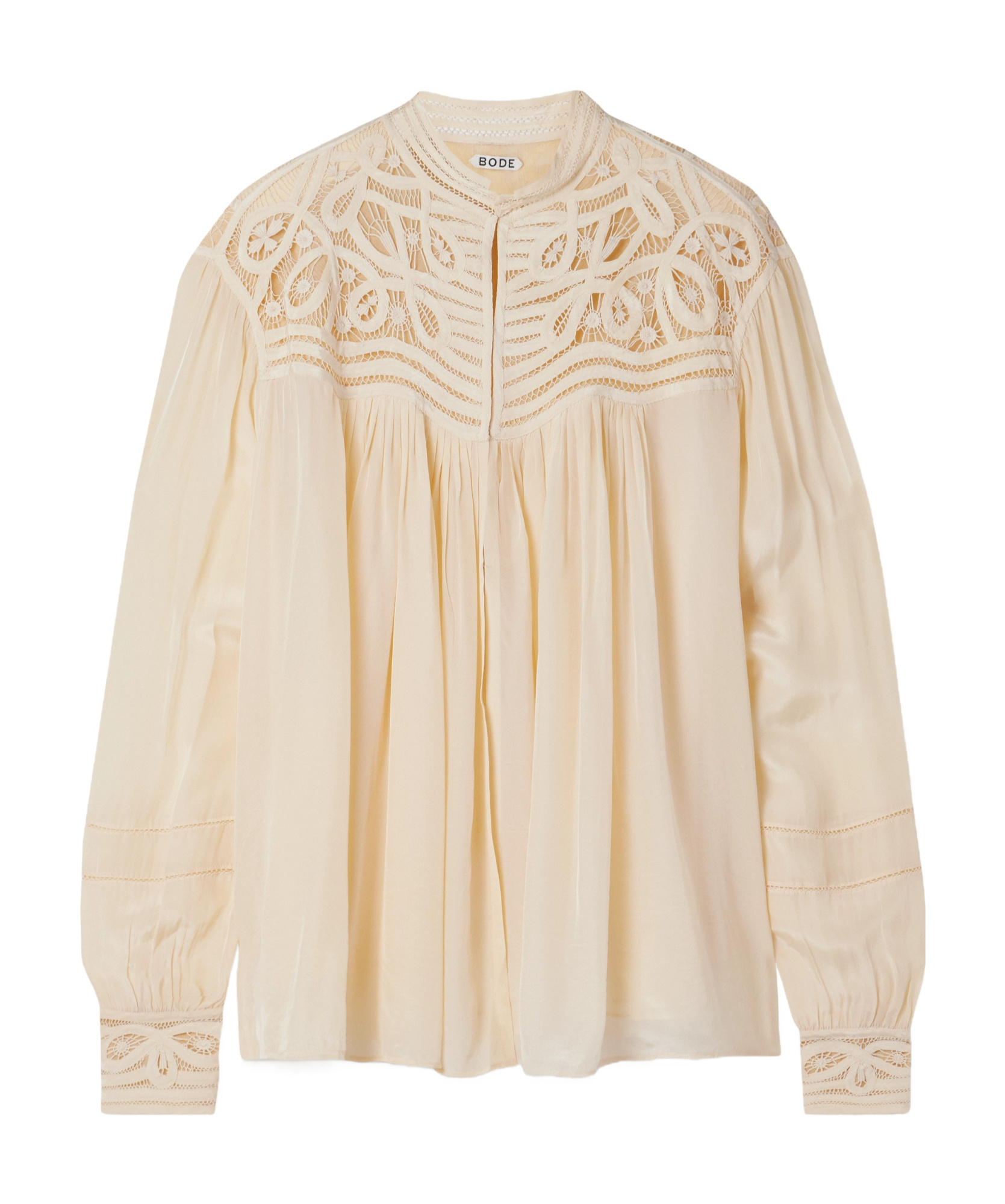 Bode Tippet Pleated Satin And Guipure Lace Blouse In Cream