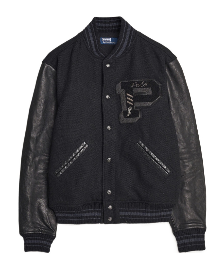 Polo Ralph Lauren Ribbed Collar Bomber Jacket With Leather Sleeves In Black