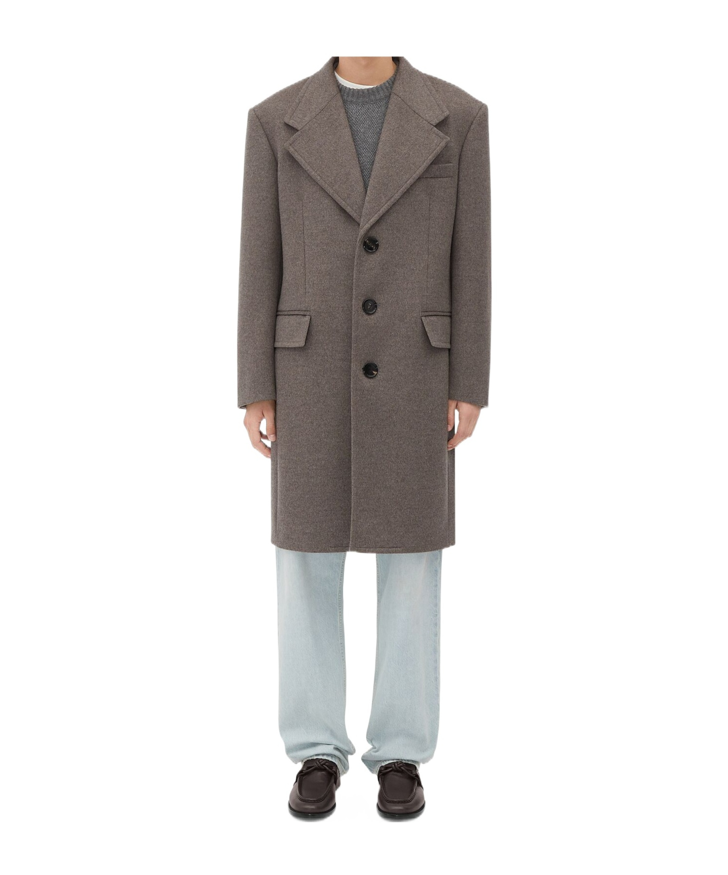 Bottega Veneta Long-sleeved Wool Cashmere Coat In Pepper Color
