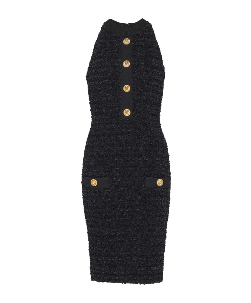 Balmain Buttoned-pocket Tweed Mini Dress In Black