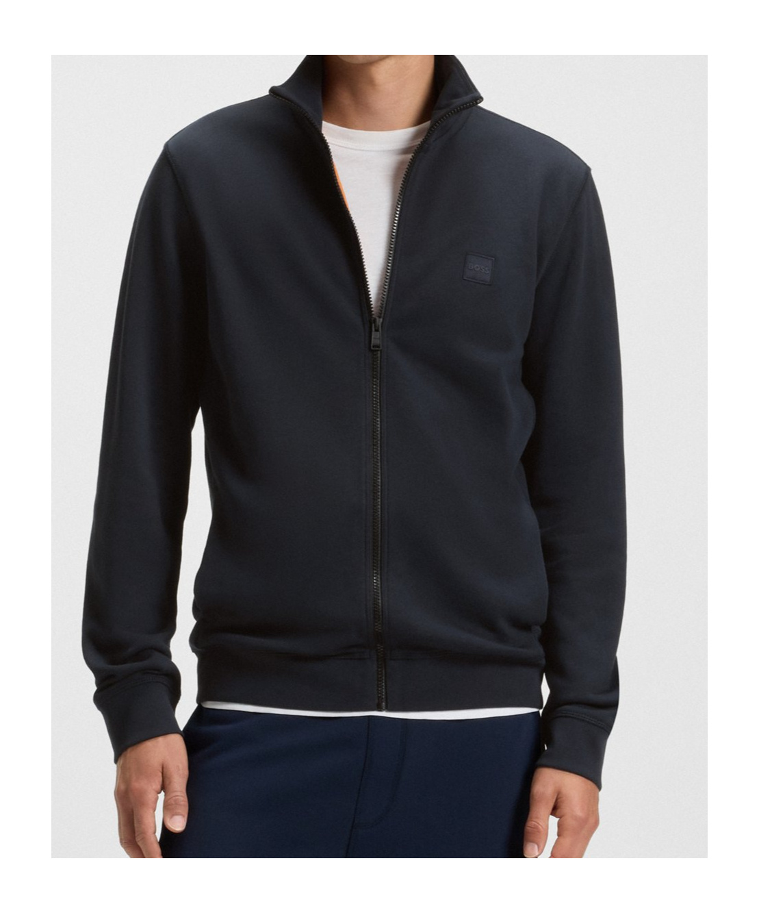 Hugo Boss Zip-up Jacket In Cotton Terry With Logo Badge In Blue