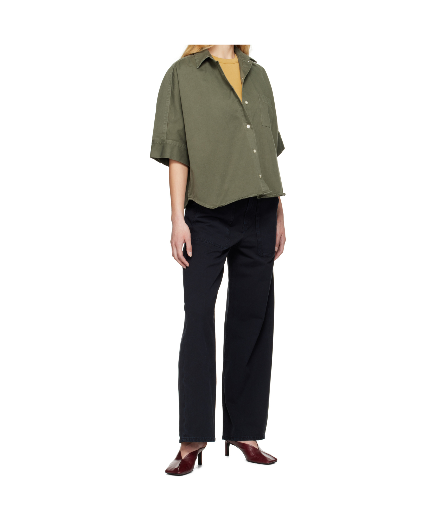 Citizen Of Humanity Oversized Regenerative Cotton Poplin Shirt. Subtle Fading Throughout. In Green