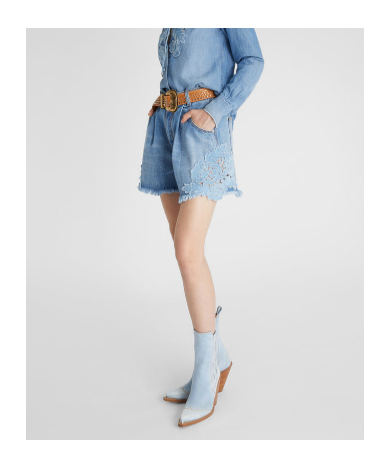 Shop Ermanno Scervino Lace Panelled Denim Shorts In Blue