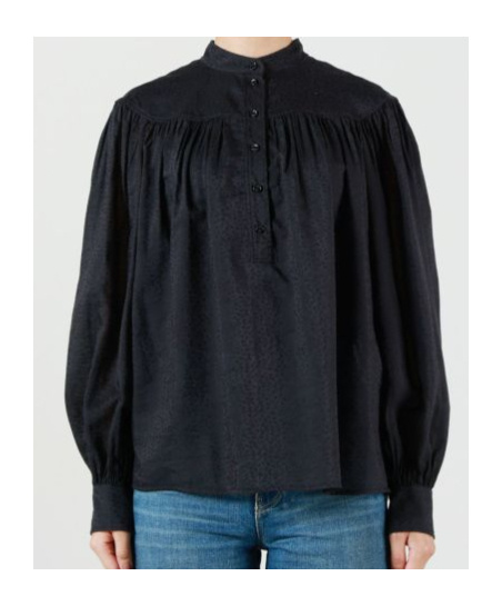 Chloé Sheer Fabric Gathered Long Sleeves Mandarin Collar In Black