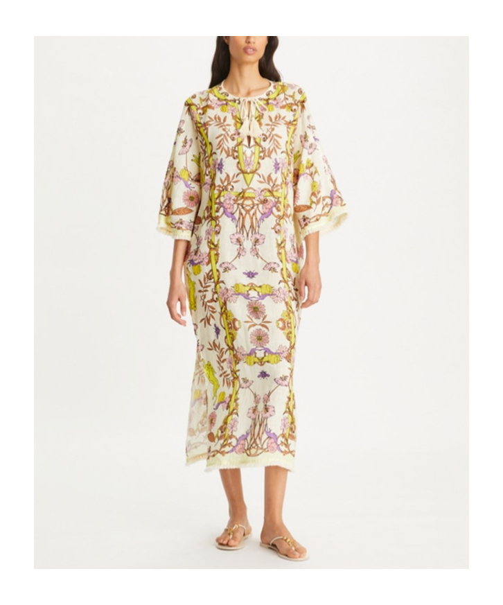 Tory Burch Floral-print Linen Kaftan Dress In Multicolor