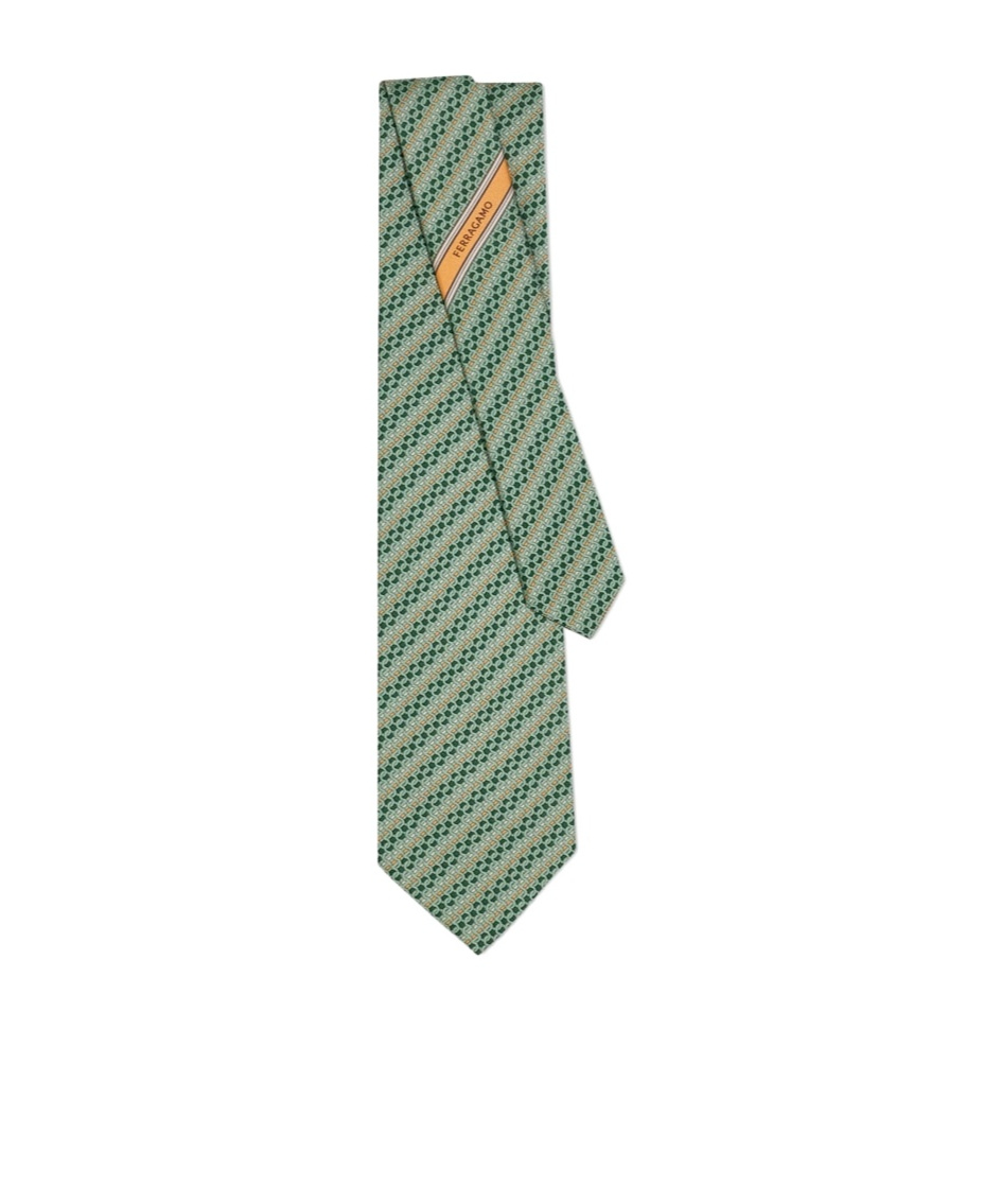 Ferragamo Printed Silk Tie With Interlocking Gancini And Regimental Stripes