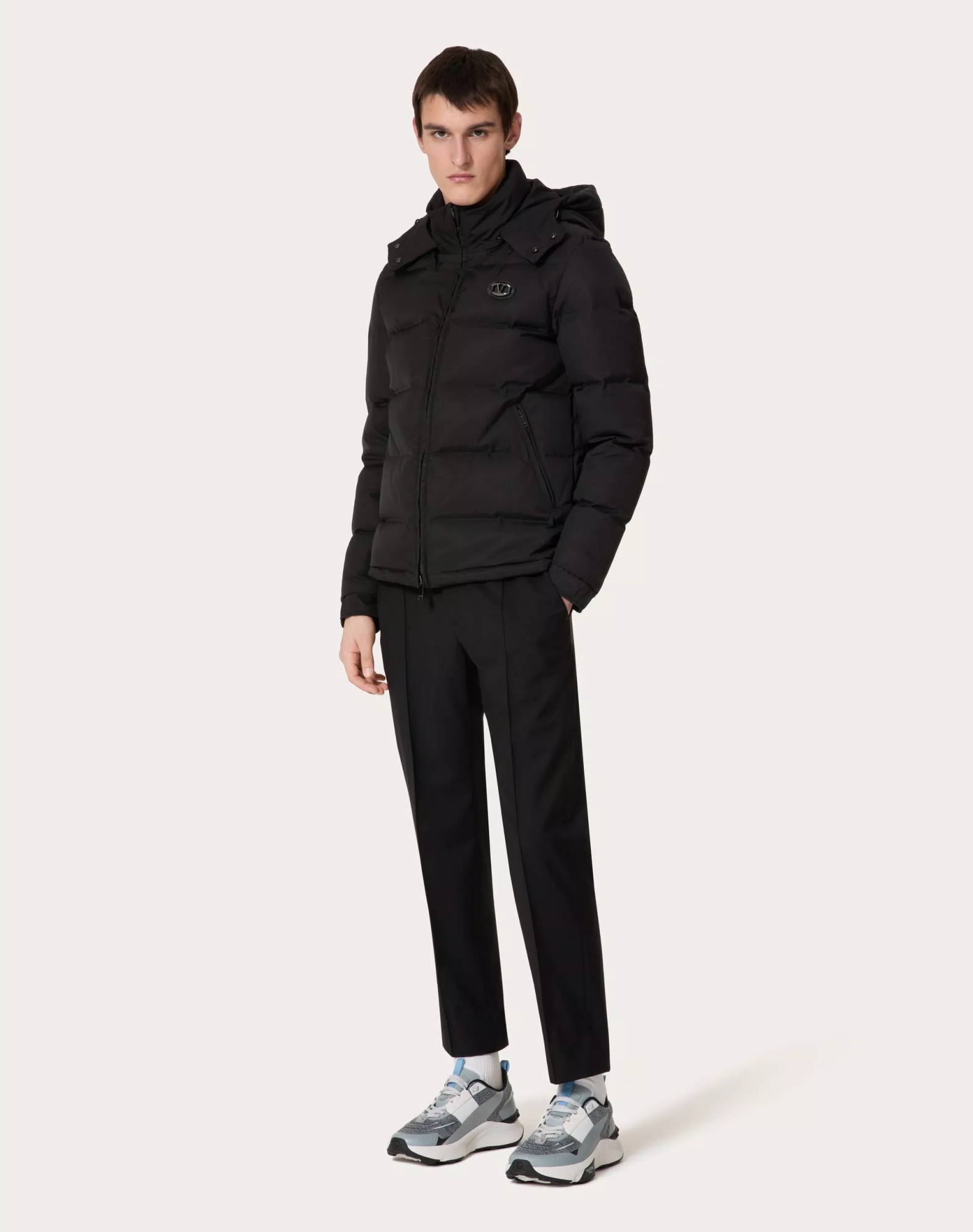 Valentino Nylon Hooded Down Jacket With Leather Patch And Vlogo Signature In Black
