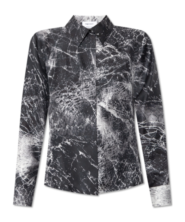 Alexander Mcqueen Smashed Screen Print Button Down Silk Blouse In Black