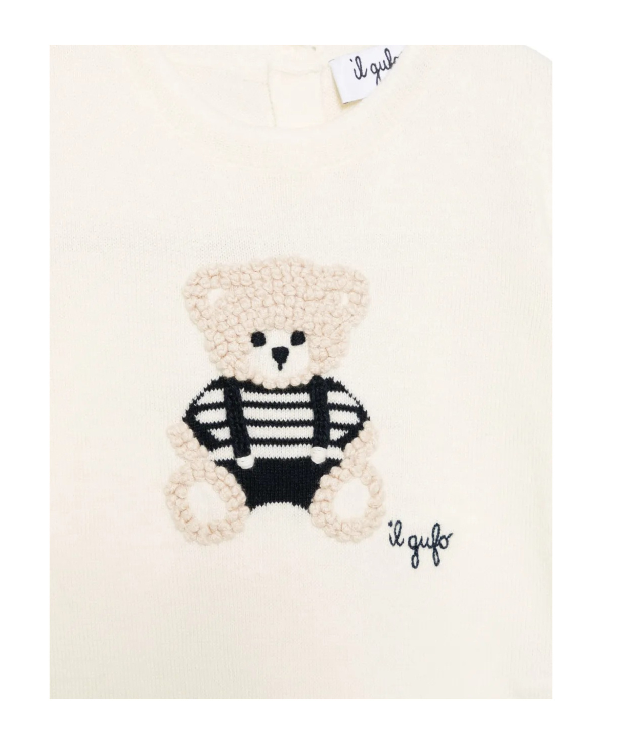 Il Gufo Bear Embroidered Crewneck Romper In White