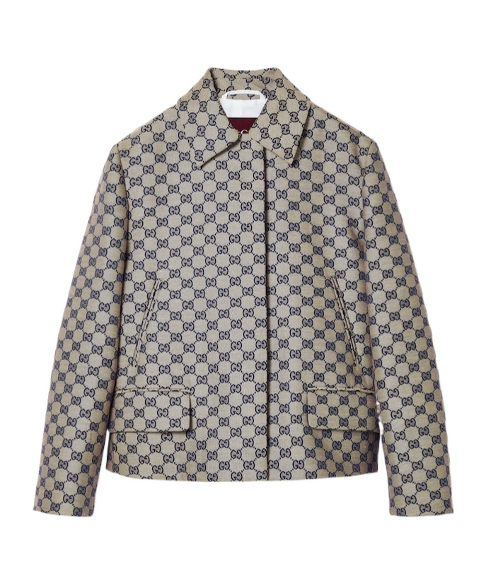 Gucci Gg Linen Blend Jacket In Beige And Blue