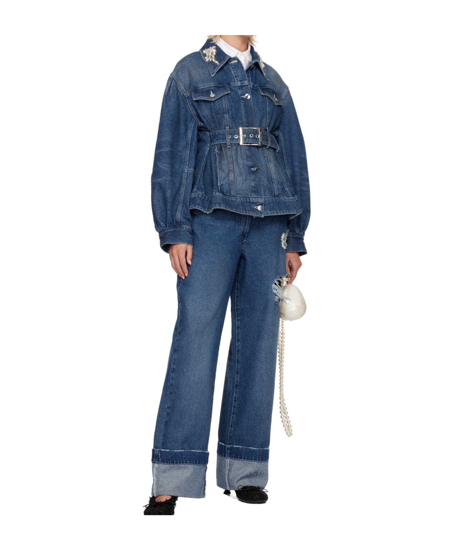 Simone Rocha Blue Turbo Embellished Sculpted Belt Detail Denim Jacket