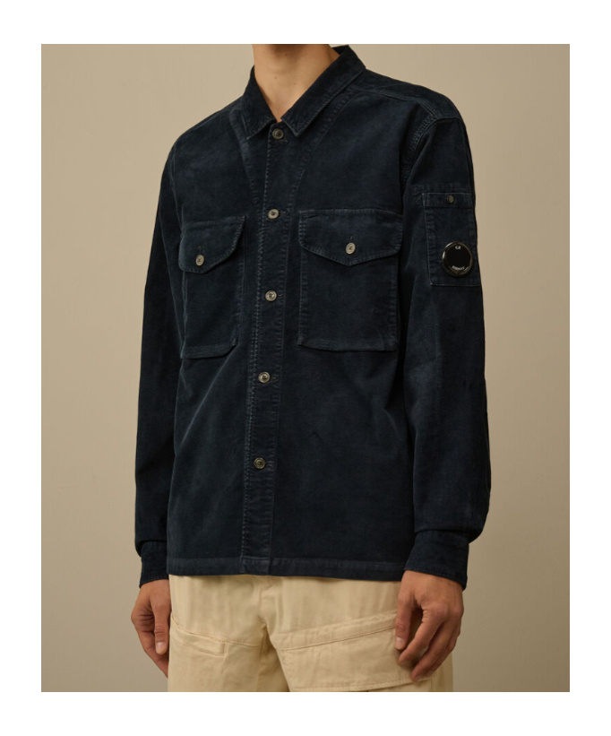 C.p. Company Textured Corduroy Overshirt With Pointed Collar In Blue