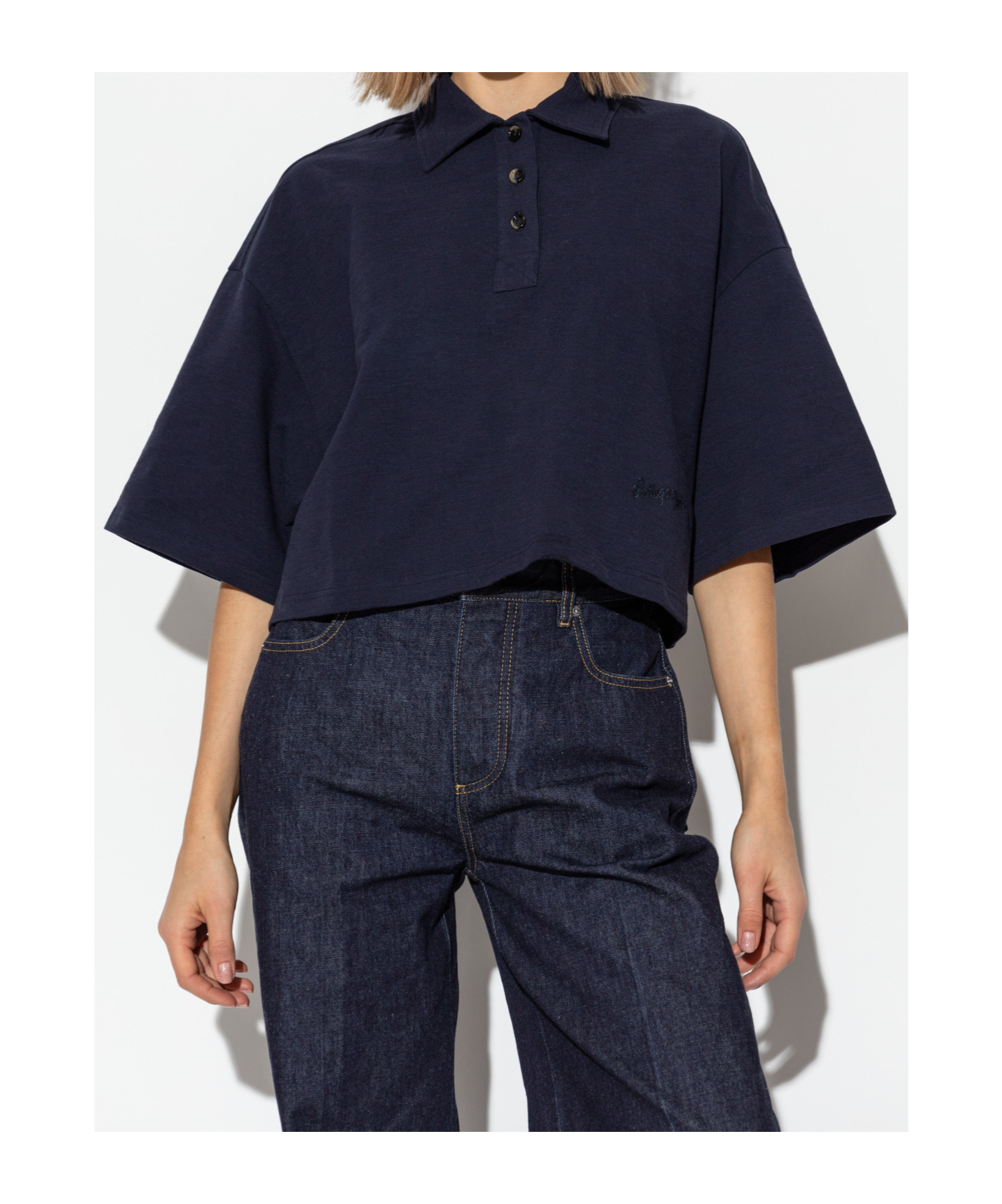 Shop Bottega Veneta Short Sleeved Cropped Polo Shirt In Black