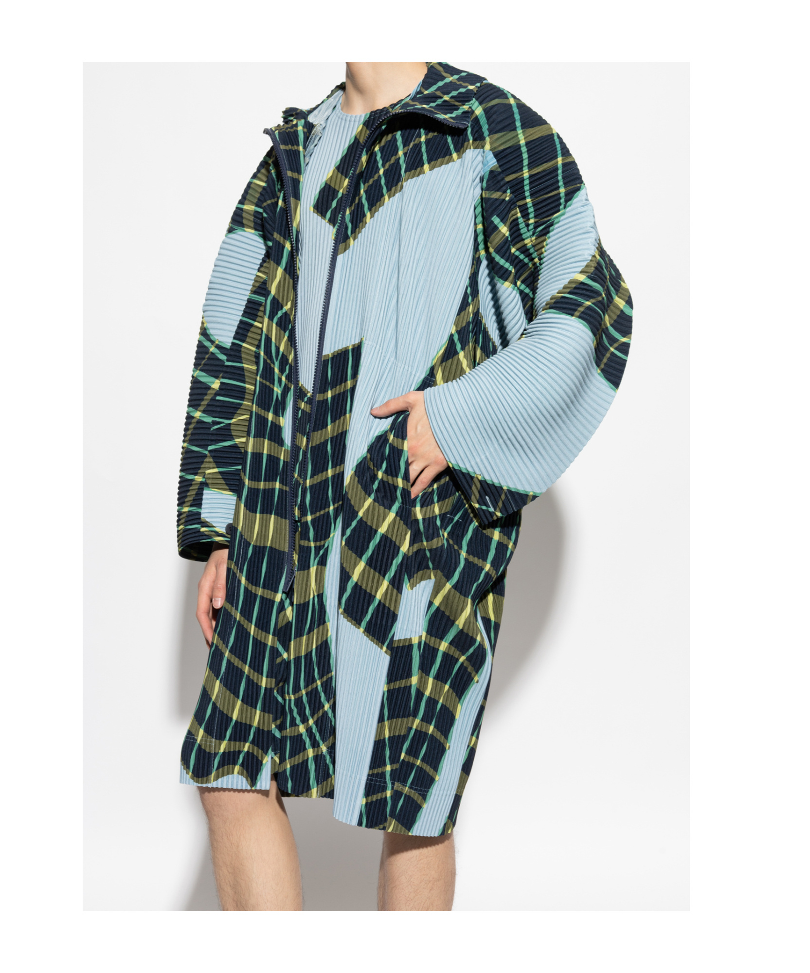 Issey Miyake Windswept Plaid Coat In Green