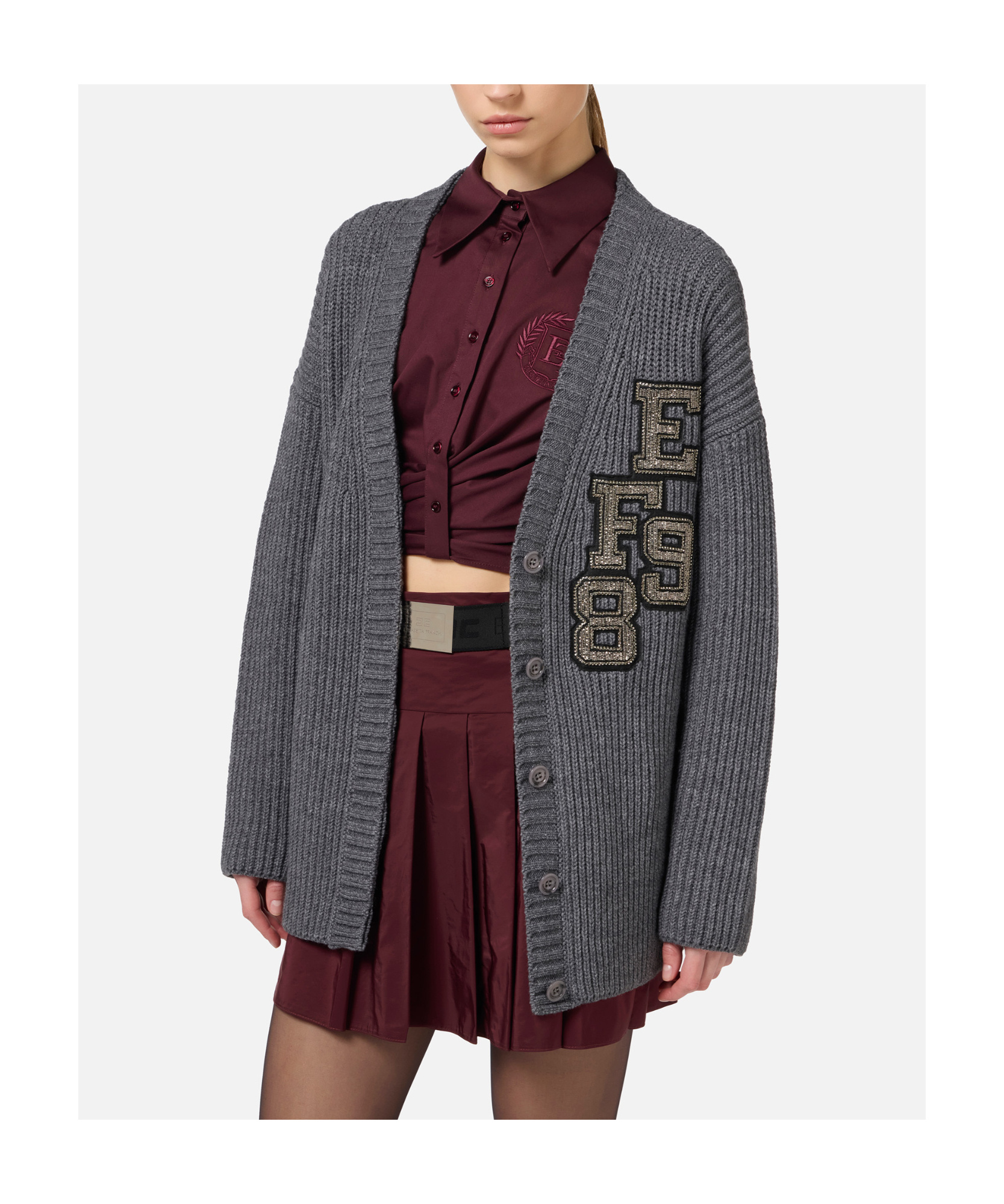 Elisabetta Franchi Logo-patch Ribbed-knit Cardigan In Black