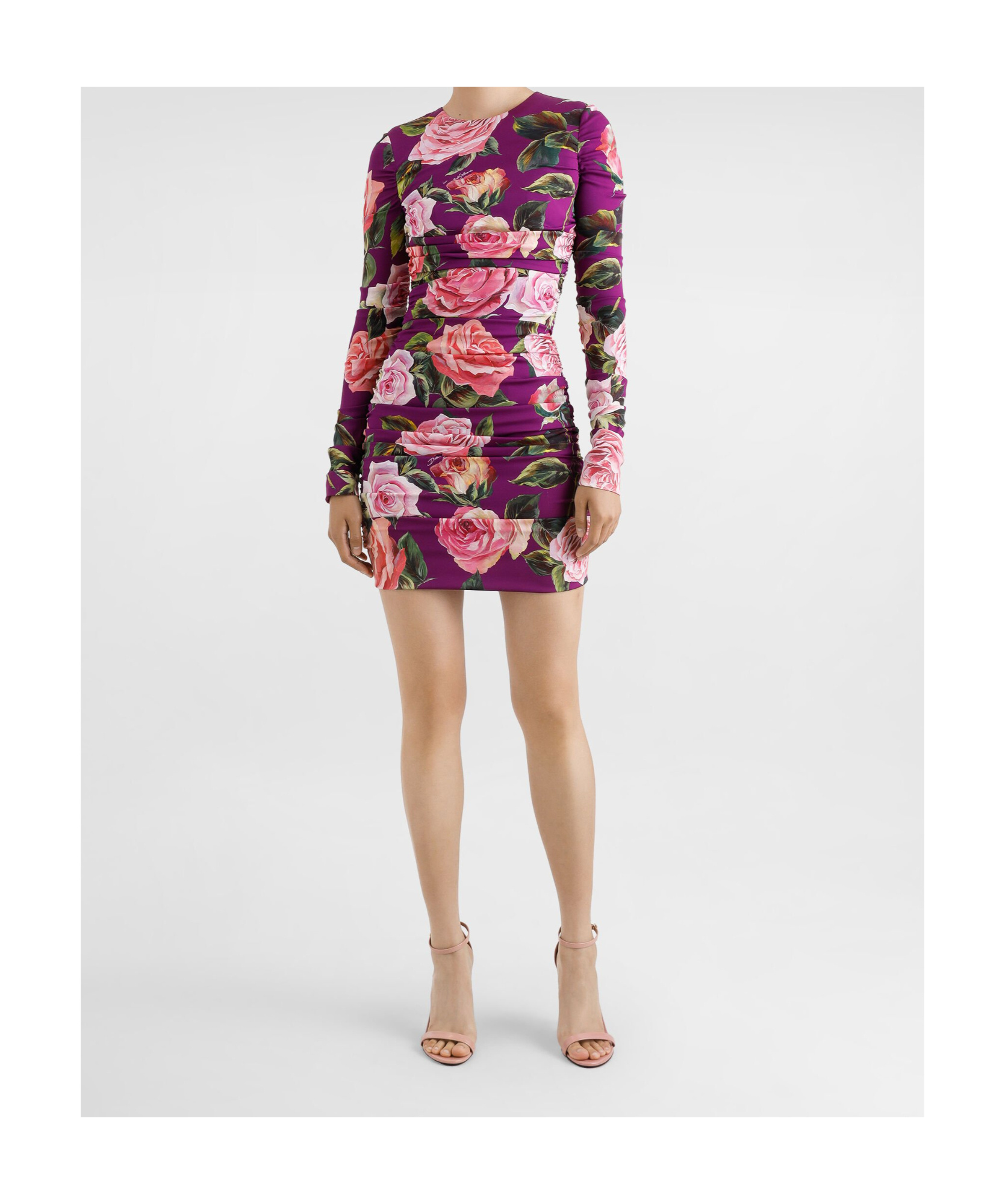 Dolce & Gabbana Charmeuse Midi Sheath Dress With Draping And Rose Print In Multicolor