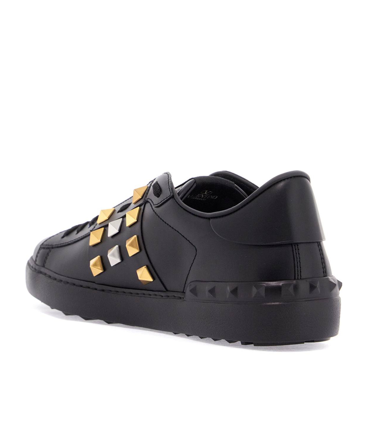 Valentino Studded Leather Sneakers Rubber Sole In Black