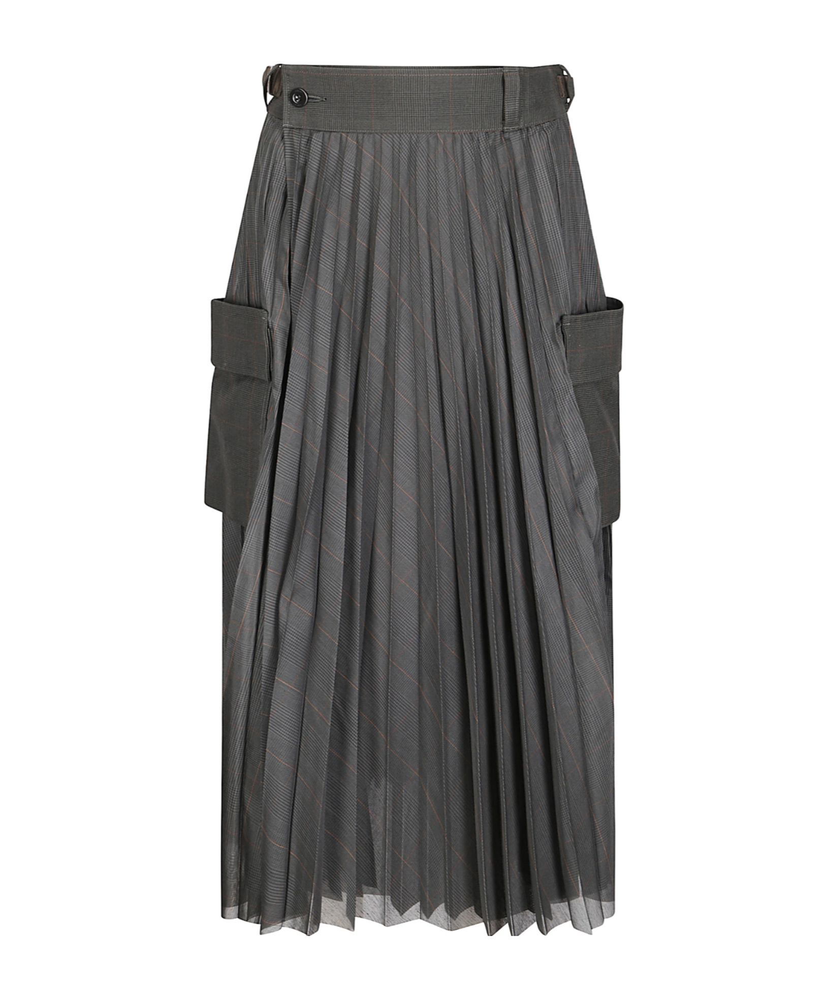 Sacai Glen Pleated Check Pocket Midi Skirt In Black