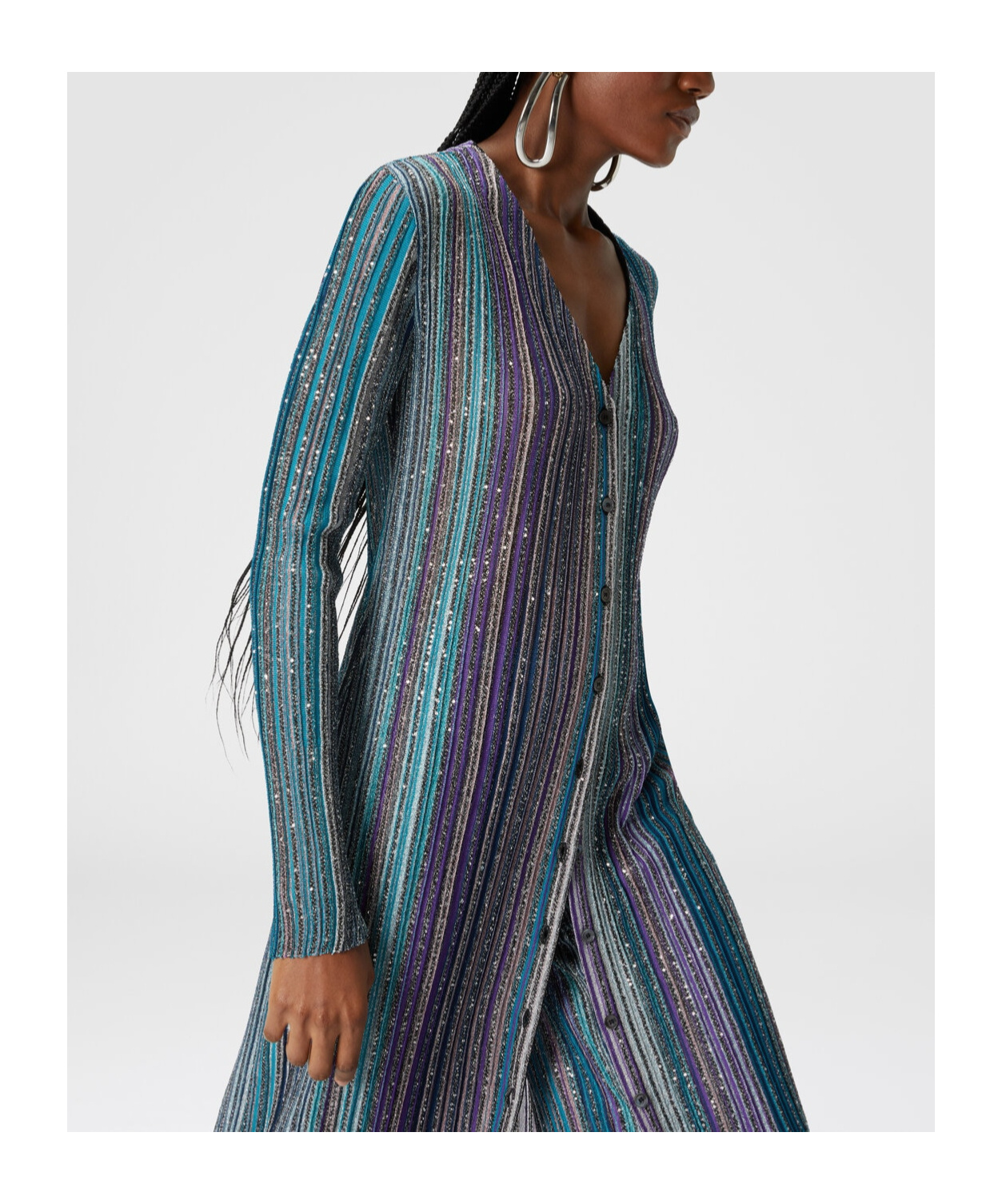 Missoni Sequinned Pleated Knit Long Cardigan In Blue