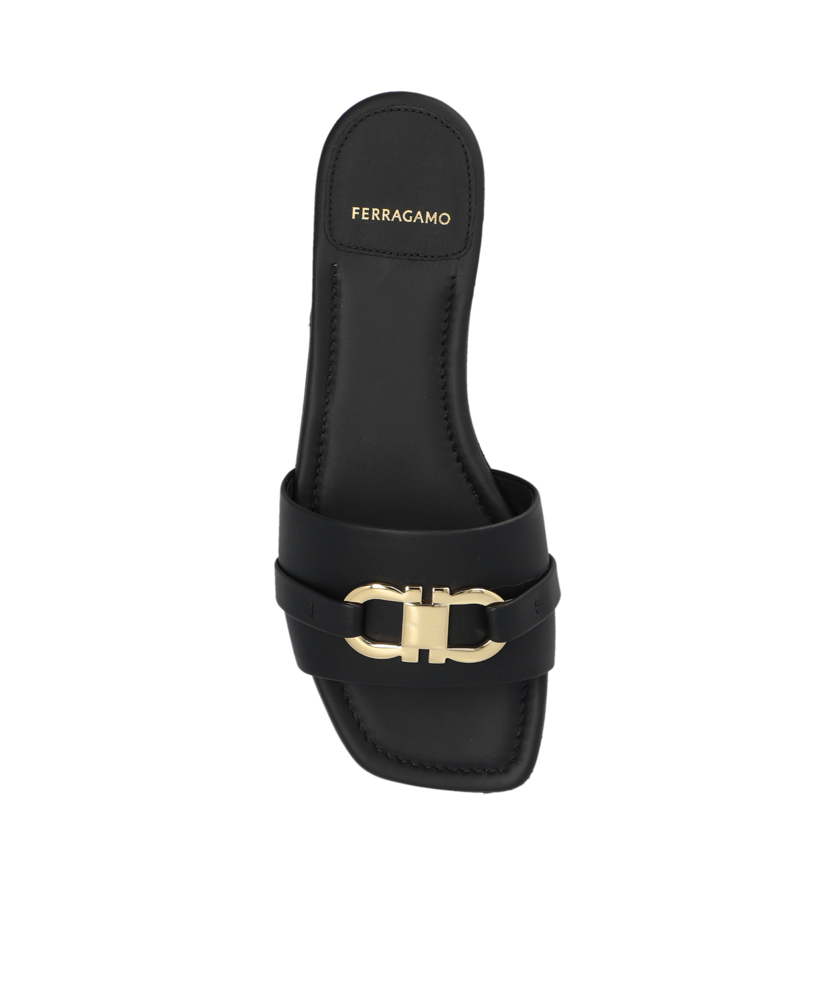 Ferragamo Leather Slides With Flat Sole And Gold-tone Hardware In Black