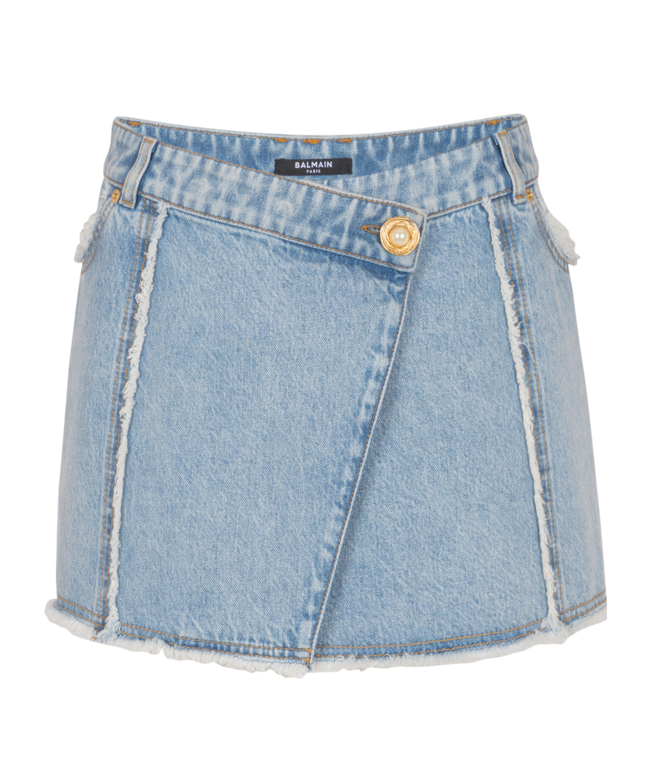 Shop Balmain Asymmetric Denim Skirt In Gray