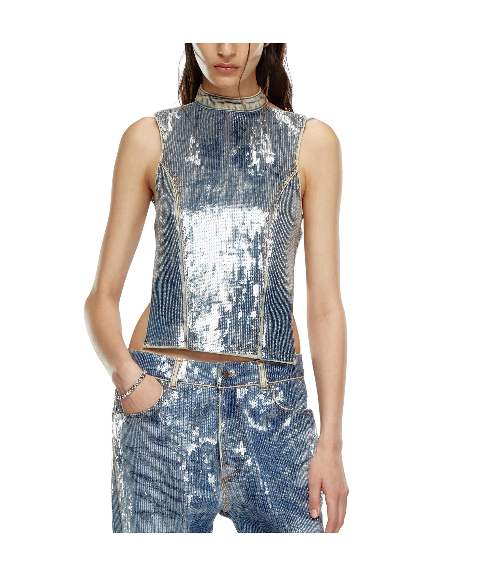 Diesel Cotton Top With Sequins In Blue