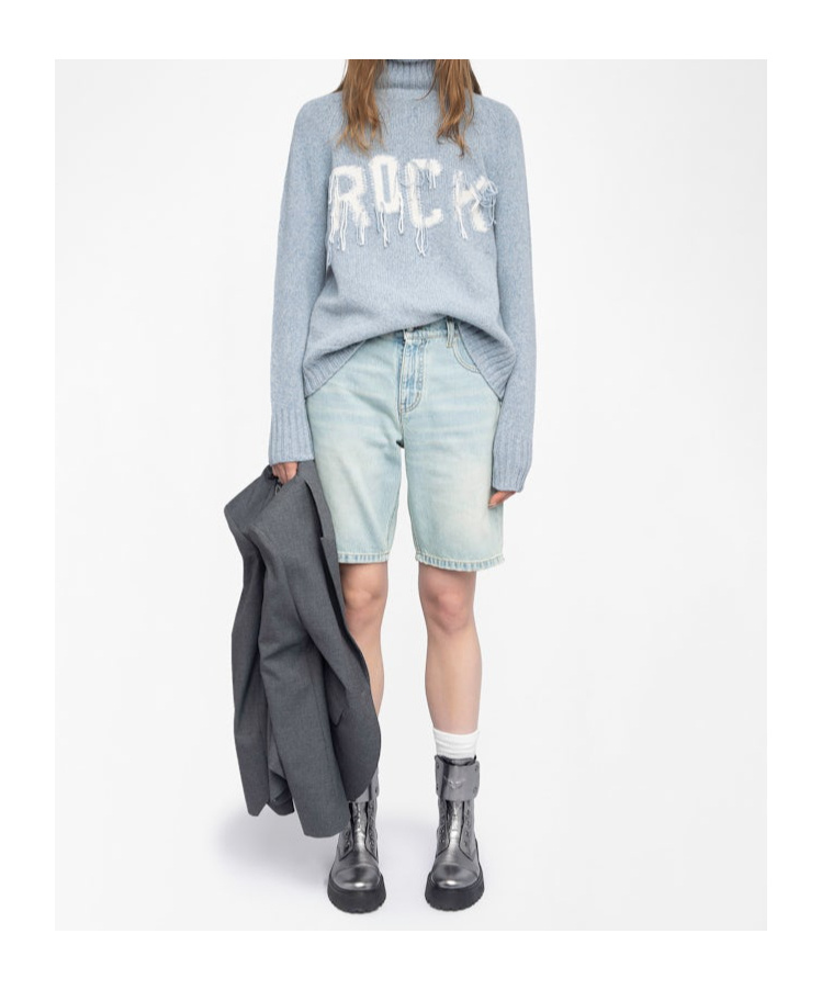 Zadig & Voltaire Mora Roll-neck Frayed-detail Sweater In Blue