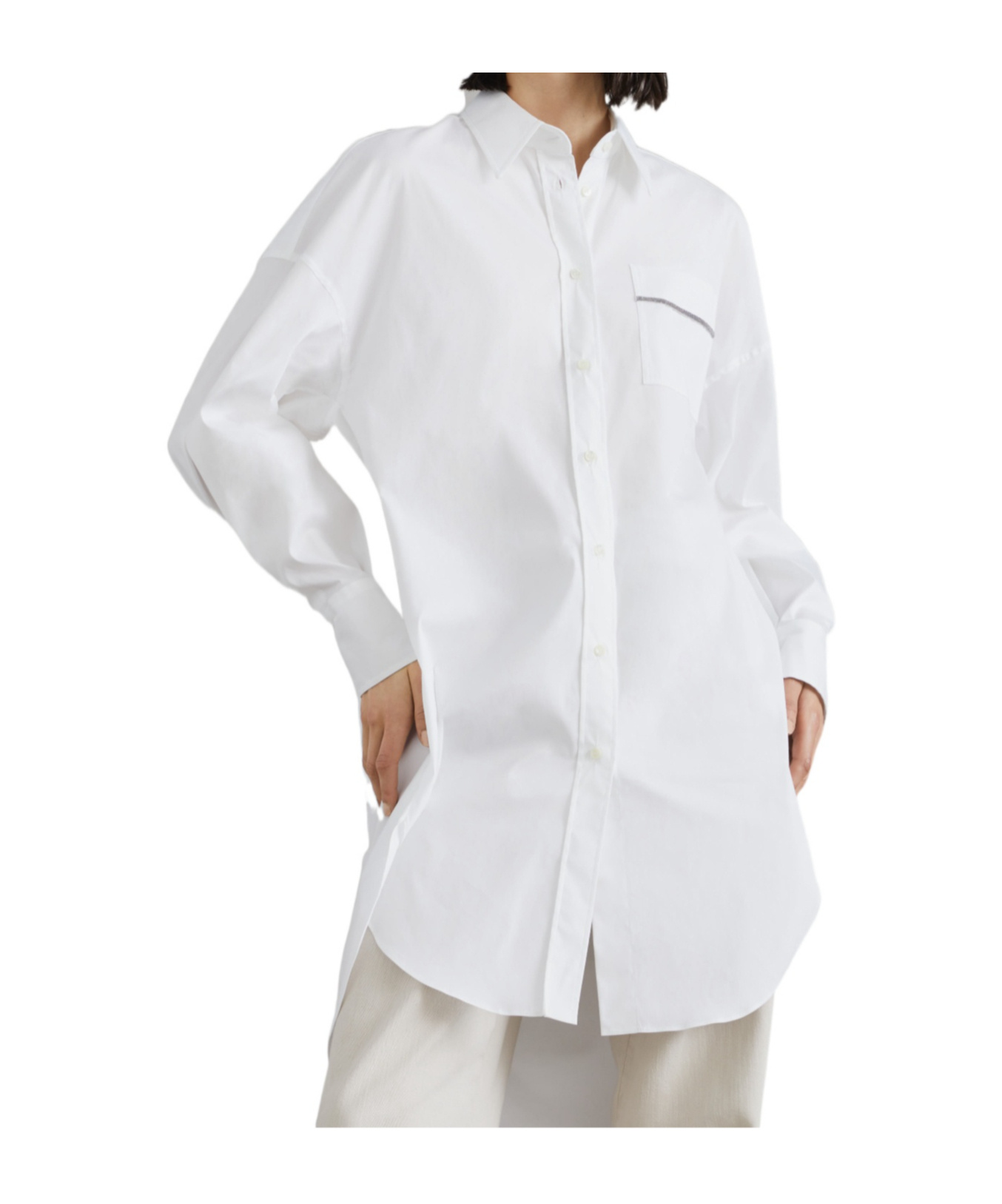 Brunello Cucinelli Stretch-cotton Poplin Monili-trim Longline Shirt In White