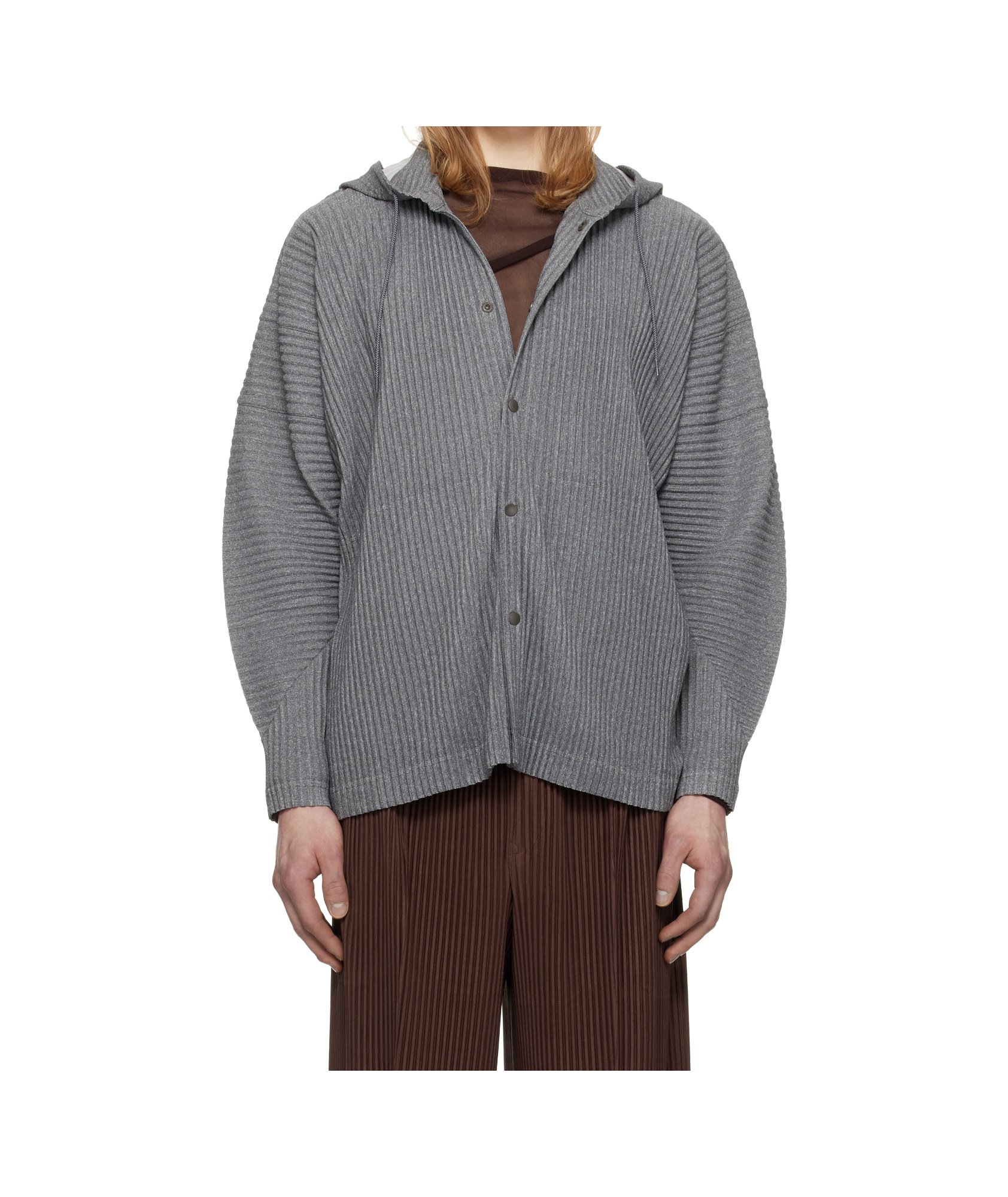 Issey Miyake Pleated Hooded Jacket In Gray