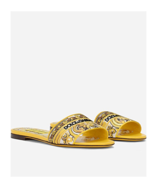 Dolce & Gabbana Yellow Sliders With Embroidered Majolica Pattern In Cotton And Leather Woman In Multicolor