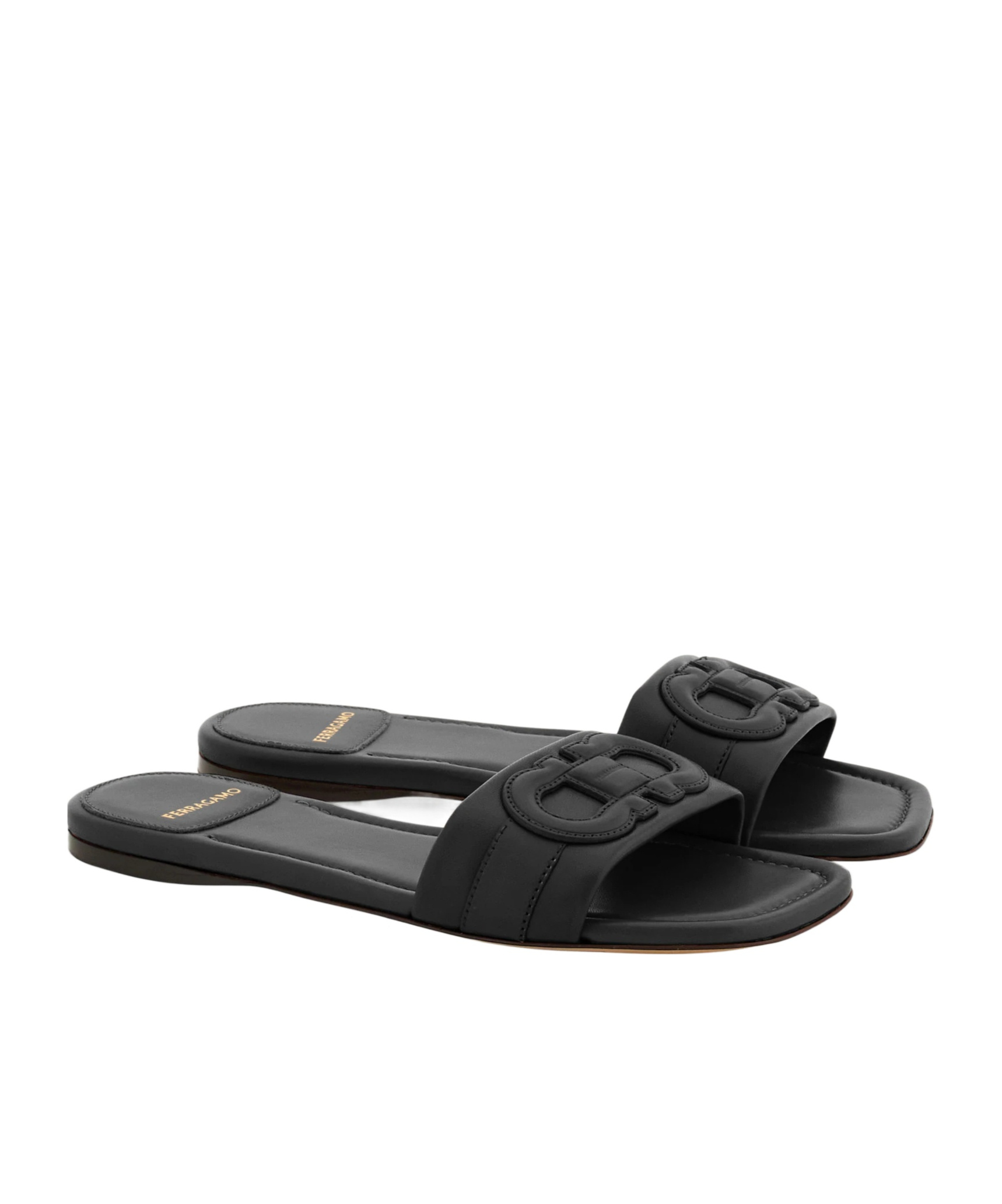 Ferragamo Liss Black Sandals With Embossed Logo On The Band And Square Toe In Leather Woman In Black